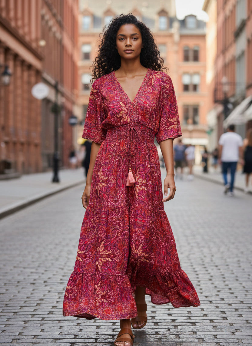 fitted lace wedding dress Deep Magenta Pink Silk Viscose Dress – Les Sutras