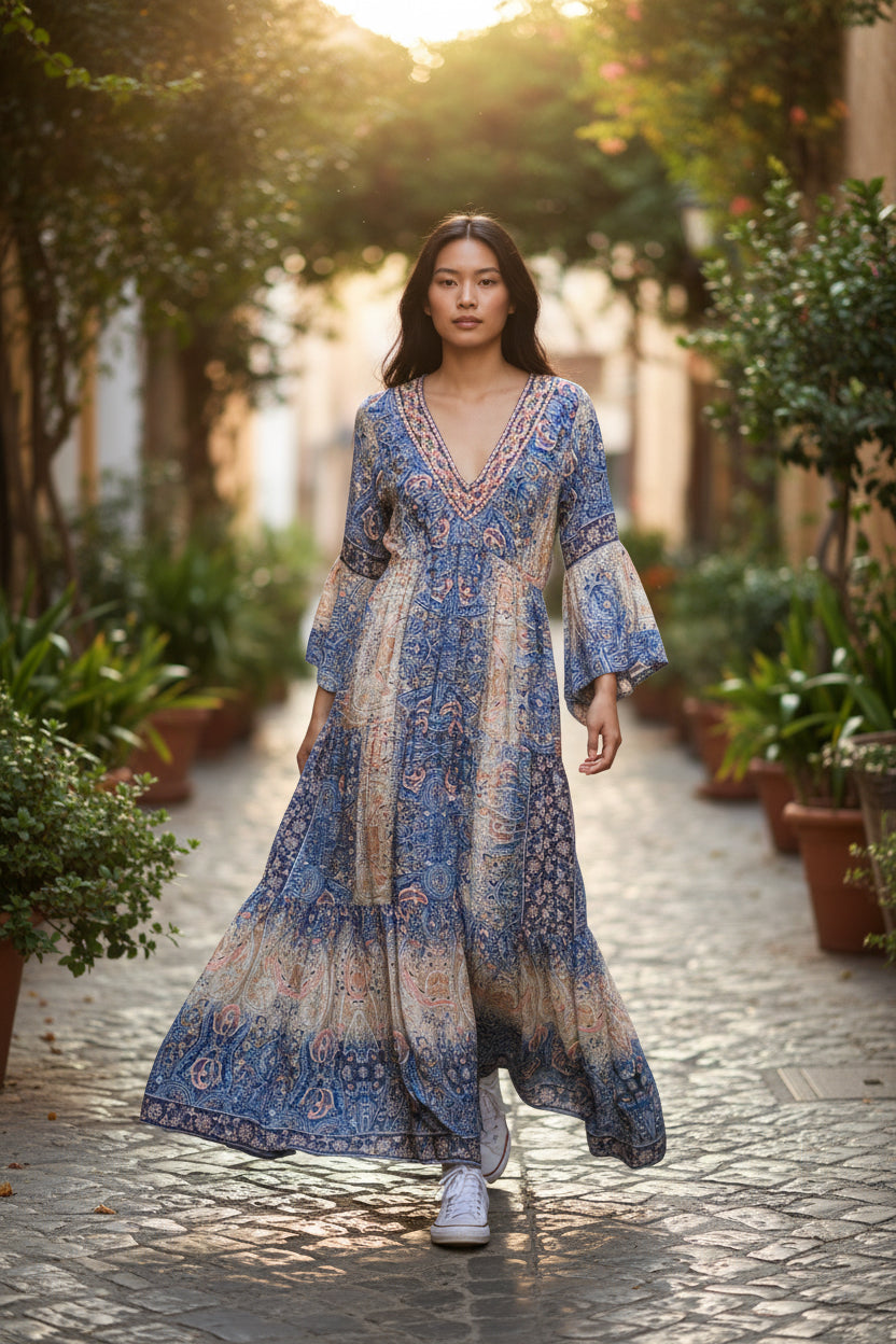 blue viscose dress SAN FRANCISCO night blue - silk dress long sleeves main image 1