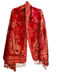 Thread Embroidered Red Wool Scarf