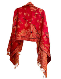 Thread Embroidered Red Wool Scarf
