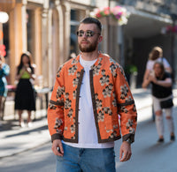 Denim Printed Orange Floral Jacket for Men