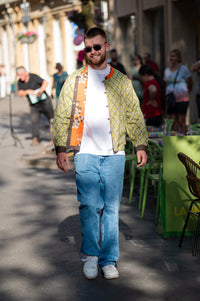 Denim Printed Orange Floral Jacket for Men