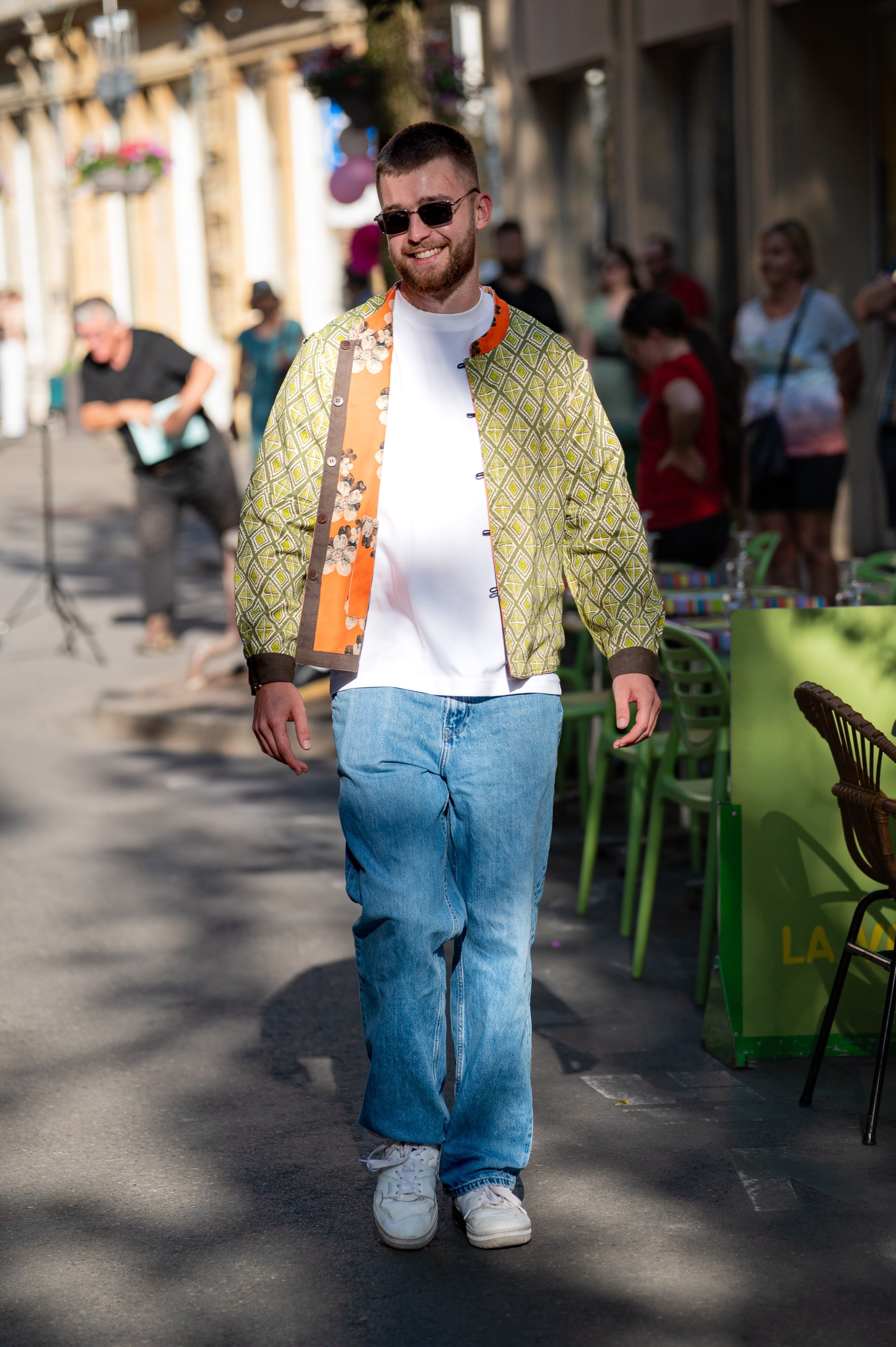Denim Printed Orange Floral Jacket for Men
