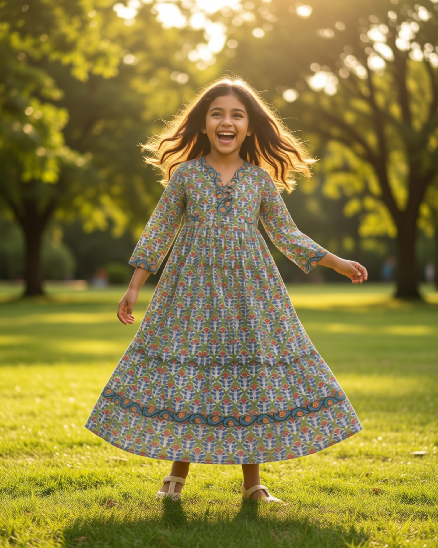 Kids Collection - Green Floral Dress - Cotton