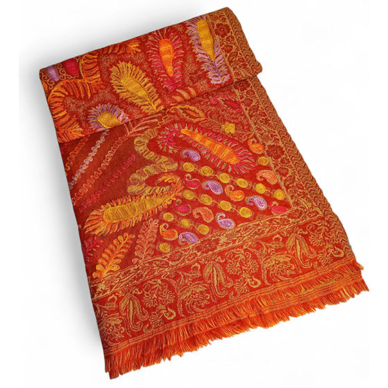 Wool Vermilion scarf with Threadwork