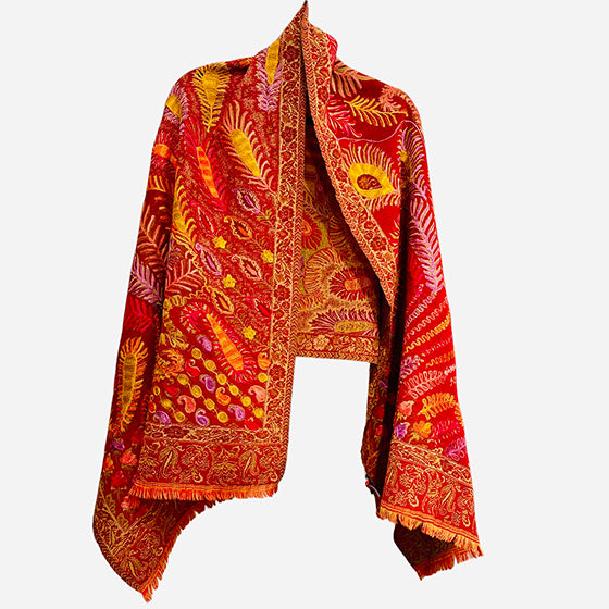 Wool Vermilion scarf with Threadwork