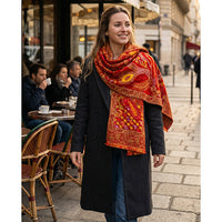Wool Vermilion scarf with Threadwork