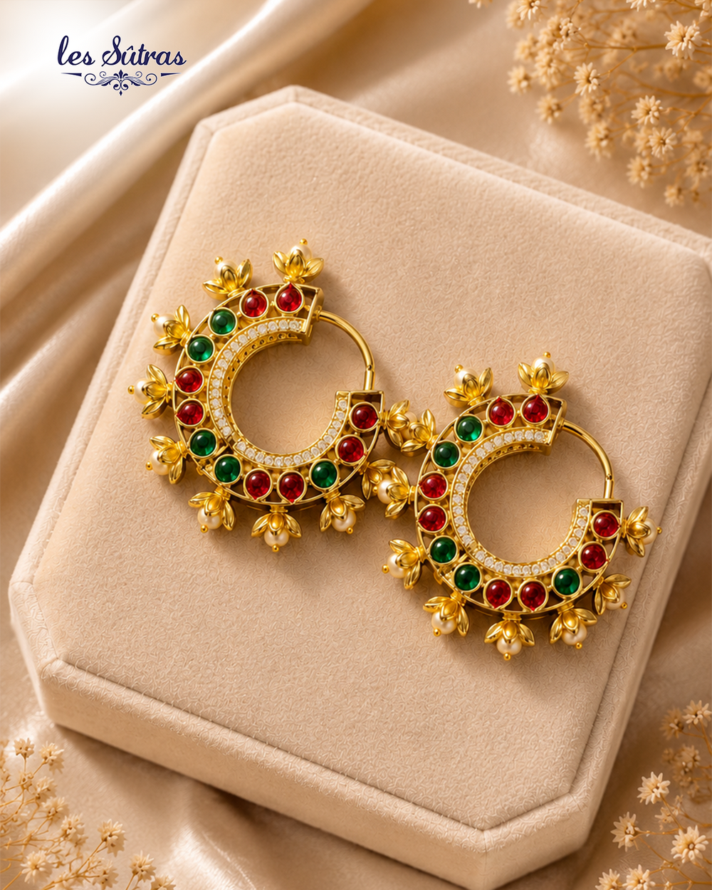 Red & Emerald Floral Hoop Earrings
