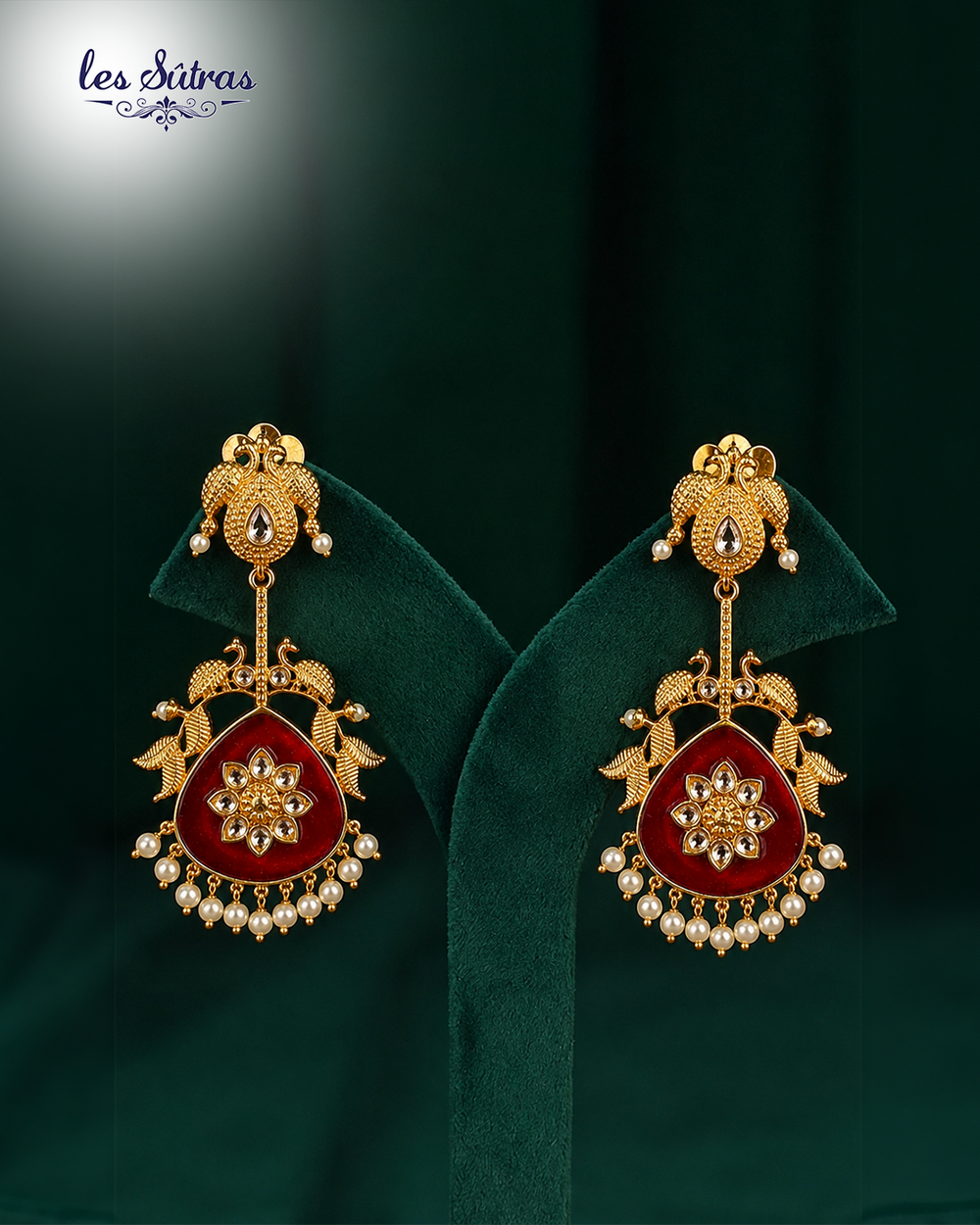 Ruby Red Peacock Drop Earrings