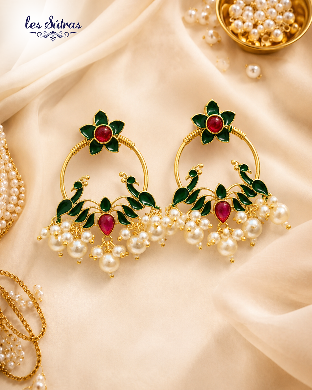 Green Peacock Pearl Hoop Earrings