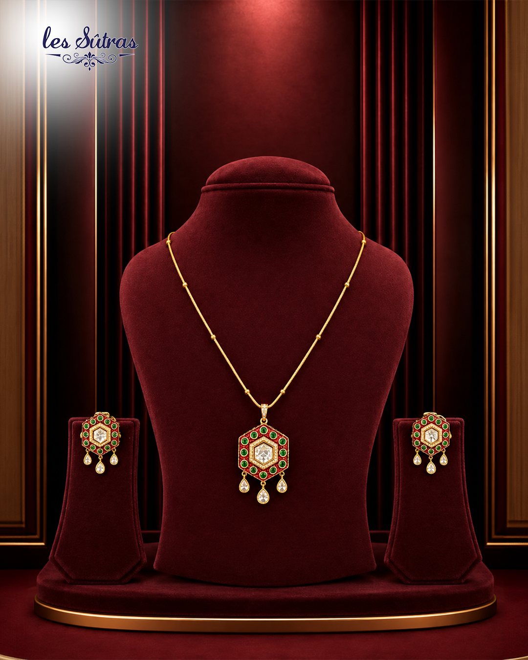Red and Emerald Kundan Pendant Set