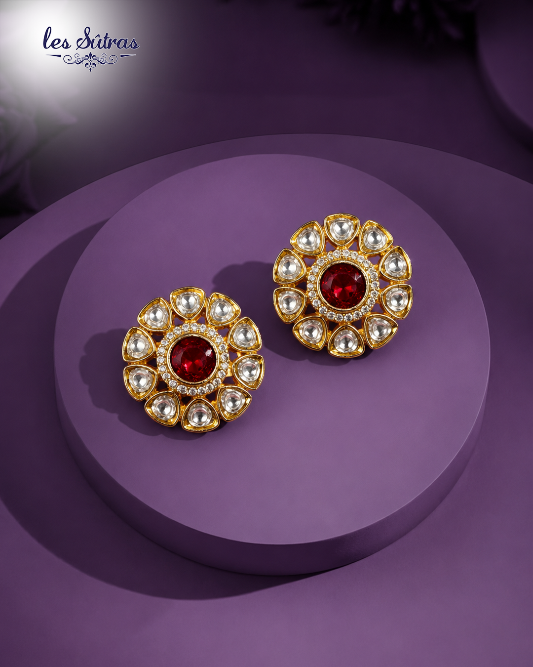Ruby Red Kundan Floral Stud Earrings
