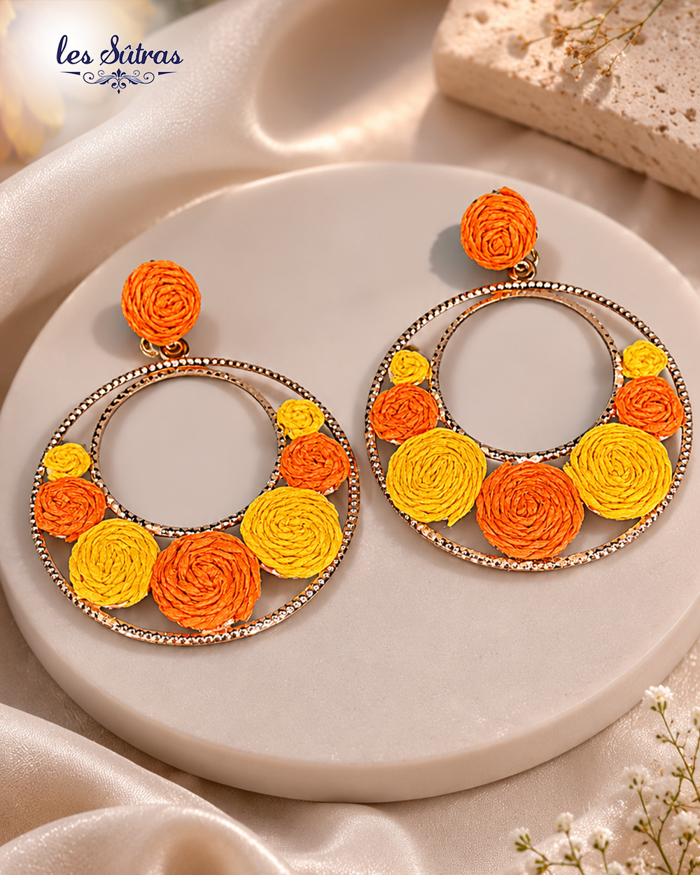 Orange & Mustard Floral Hoop Earrings