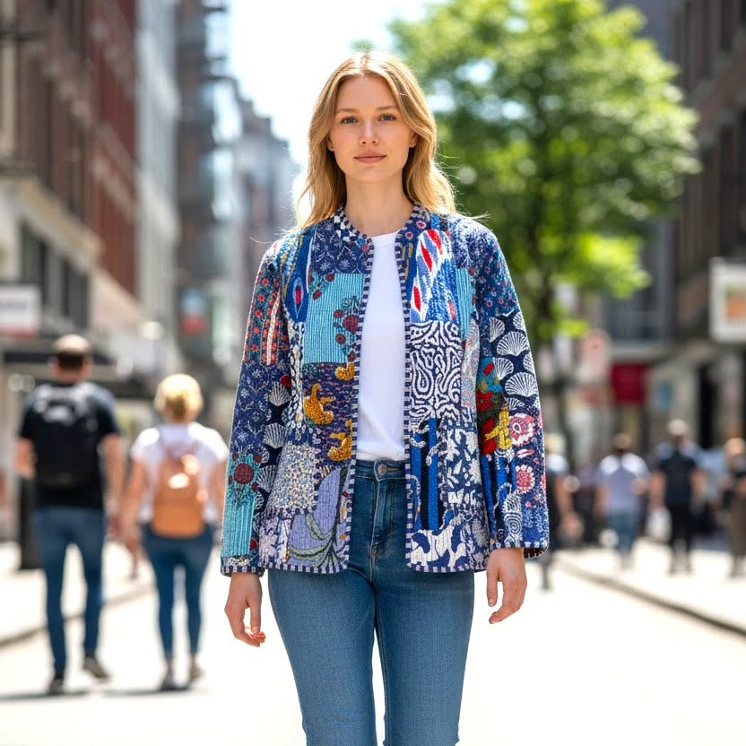 Model wearing Les Sûtras Cotton - Quilted Jacket - Blue paired with white tee and blue jeans. 