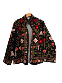 Les Sûtras Cotton Suzani Embroidered  Jacket - Floral Black
