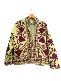 Les Sûtras  Cotton Suzani Embroidered Jacket - Mint Green and Red