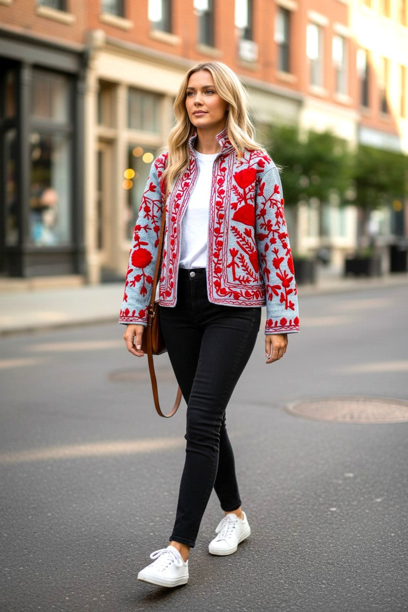 Model wearing Les Sûtras Cotton Suzani Embroidered Jacket - Turquoise and Red