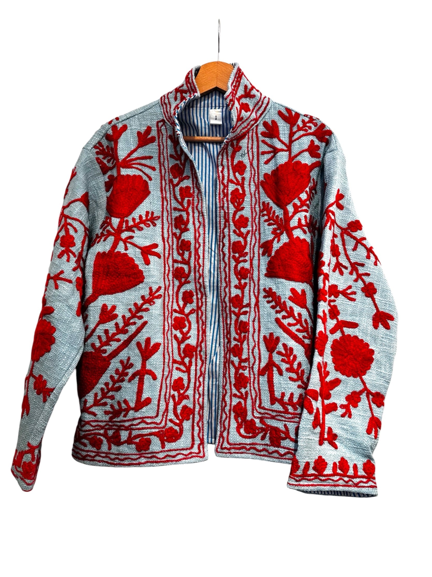 Les Sûtras Cotton Suzani Embroidered Jacket - Turquoise and Red