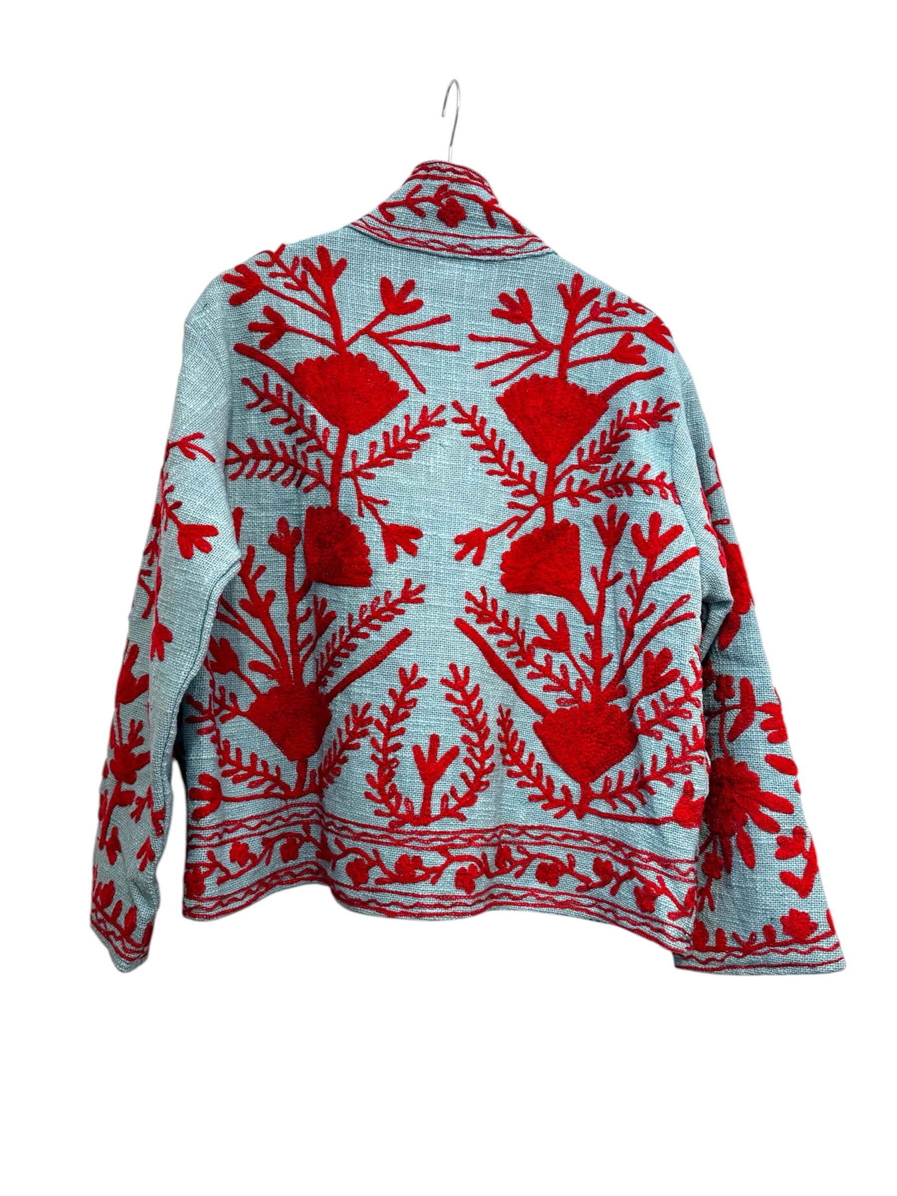 Les Sûtras Cotton Suzani Embroidered Jacket - Turquoise and Red