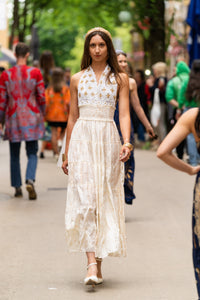 Ivory Silk-Viscose Embellished Maxi Dress