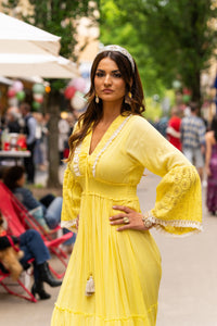 Yellow Viscose V-Neck Maxi Dress