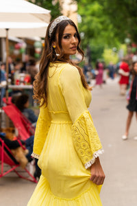 Yellow Viscose V-Neck Maxi Dress