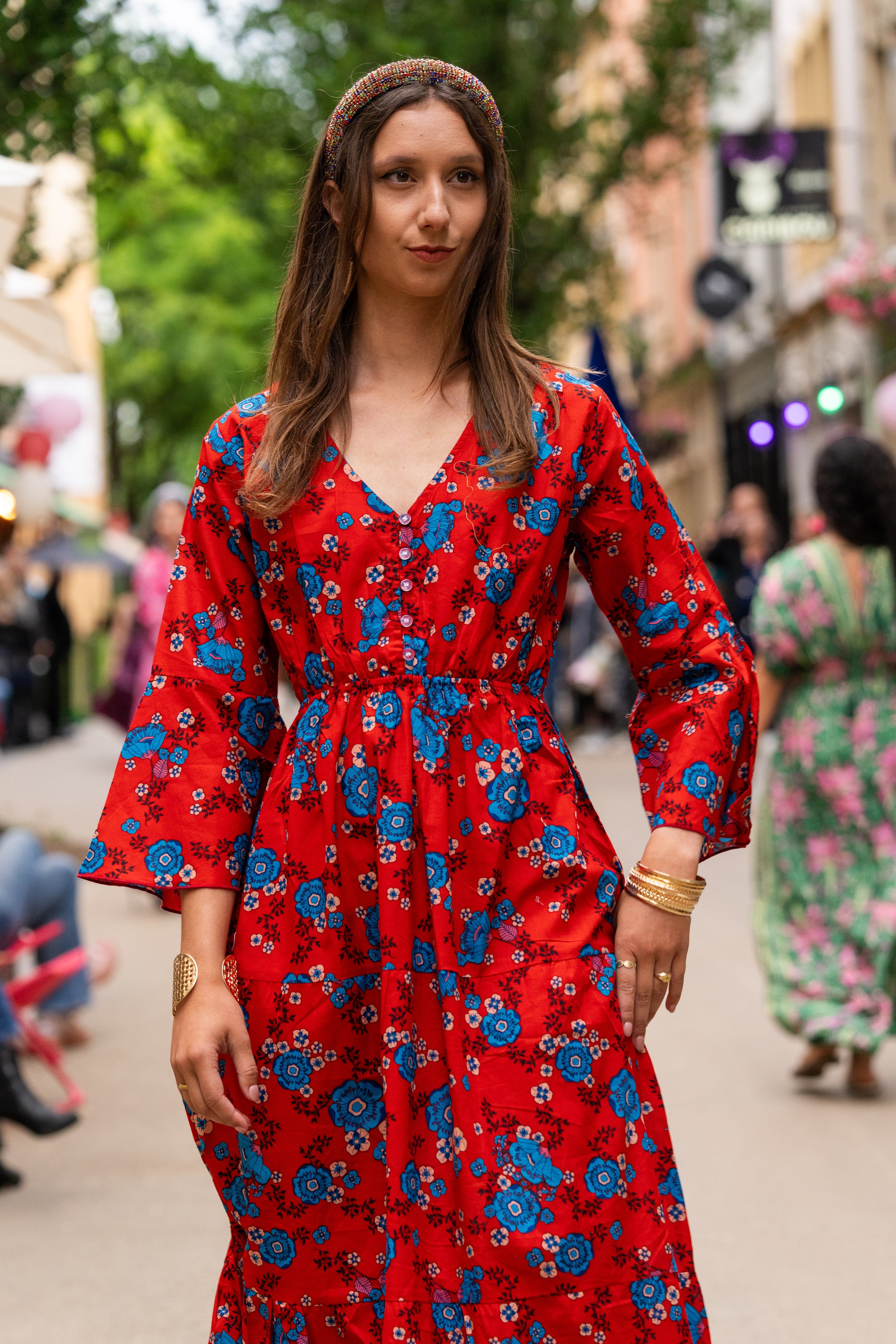 Red Floral Cotton Long Dress