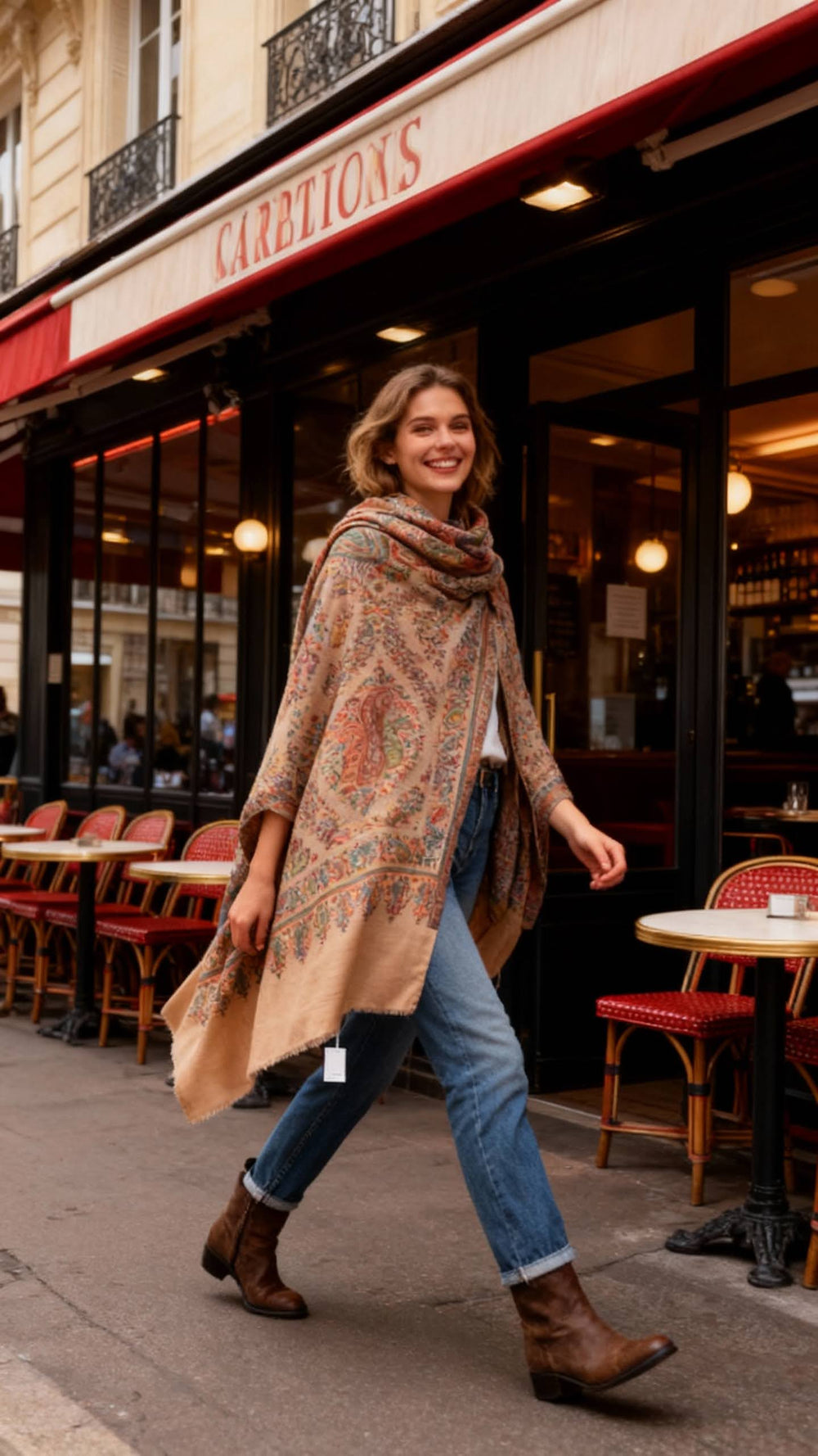 Model wearing Les Sûtras Fine Wool Scarf with Heritage Border – Camel