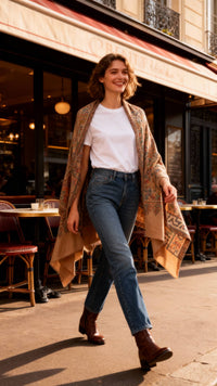 Model wearing Les Sûtras Fine - Wool - Scarf with Heritage Border – Camel