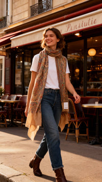 Model wearing Les Sûtras Fine - Wool - Scarf with Heritage Border – Camel with white t-shirt.