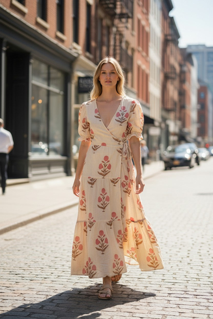 Model wearing Les Sûtras Hand Block Printed Cotton - Wrap Around - Yellow.