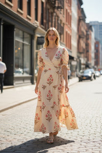 Model wearing Les Sûtras Hand Block Printed Cotton - Wrap Around - Yellow.