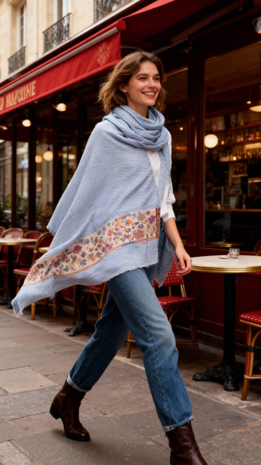 Les Sûtras Fine Wool Scarf with Floral Border – Blue