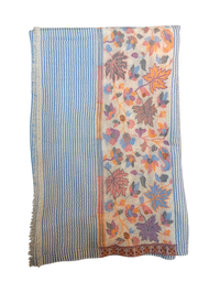 Les Sûtras Fine Wool Scarf with Floral Border – Blue