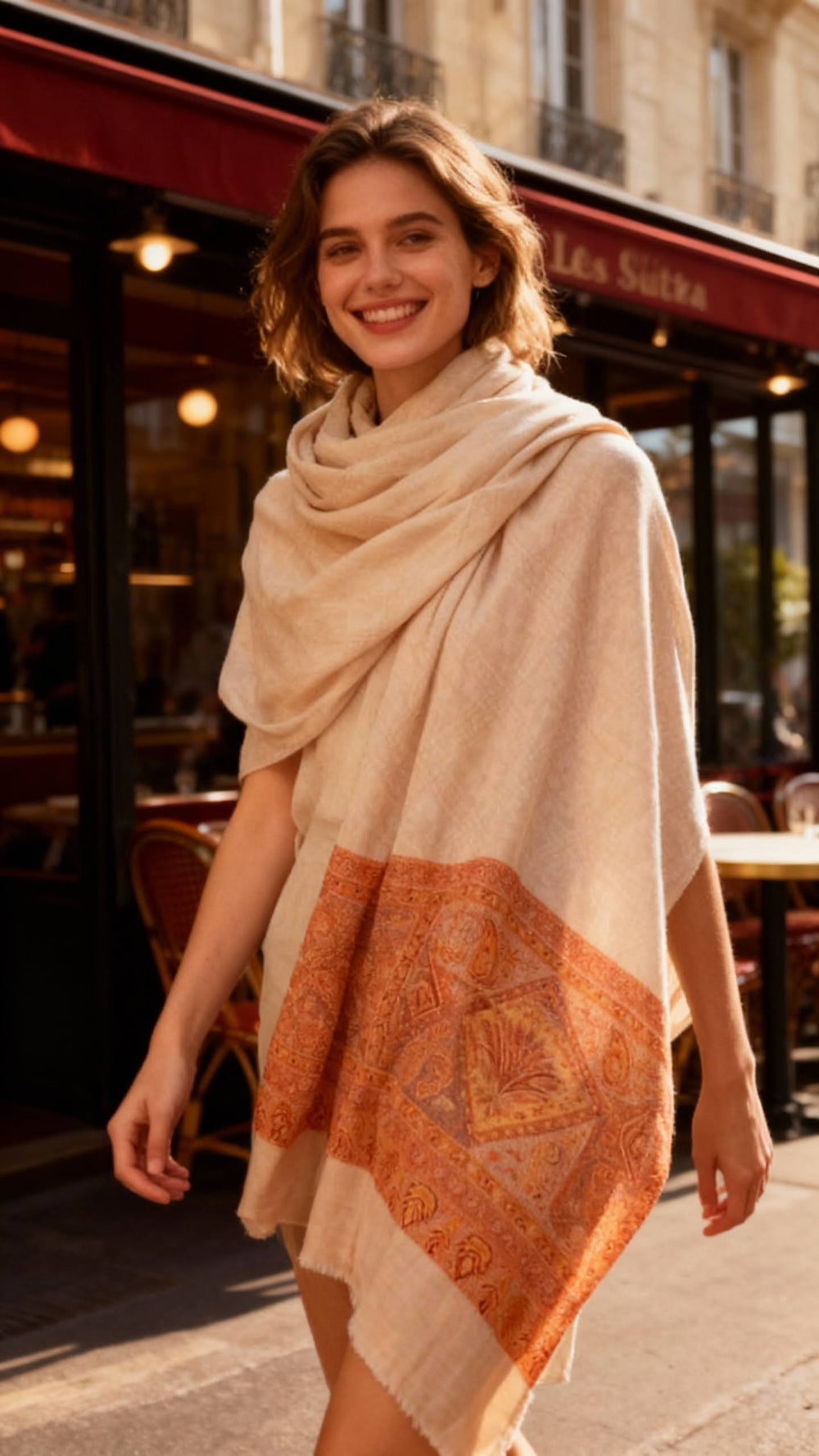 Les Sûtras Fine Wool Scarf with Ornate Border – Camel