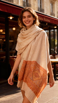 Les Sûtras Fine Wool Scarf with Ornate Border – Camel