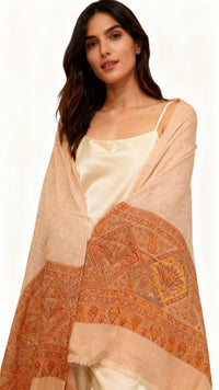 Les Sûtras Fine Wool Scarf with Ornate Border – Camel