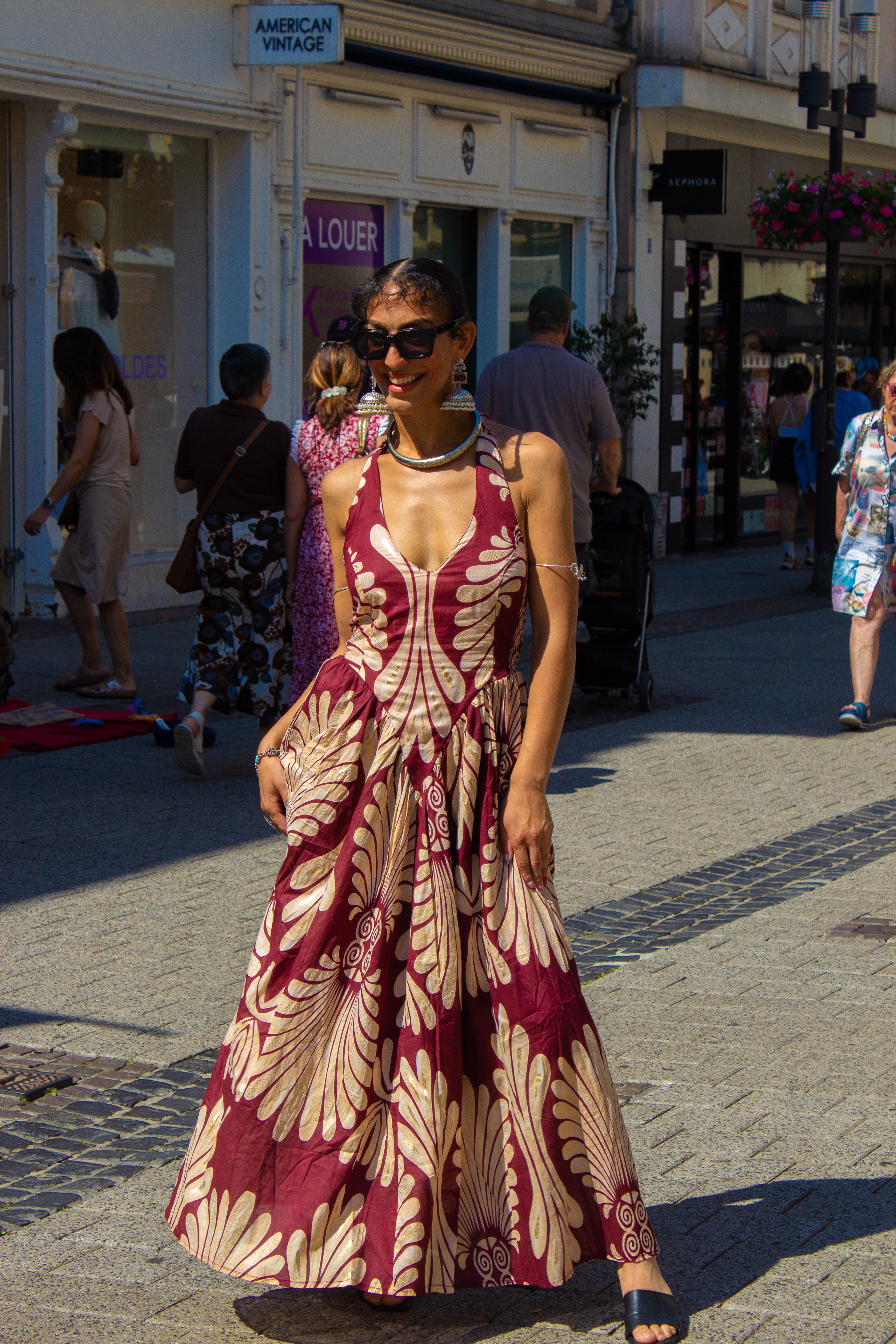 Burgundy Printed Cotton Halter Maxi Dress