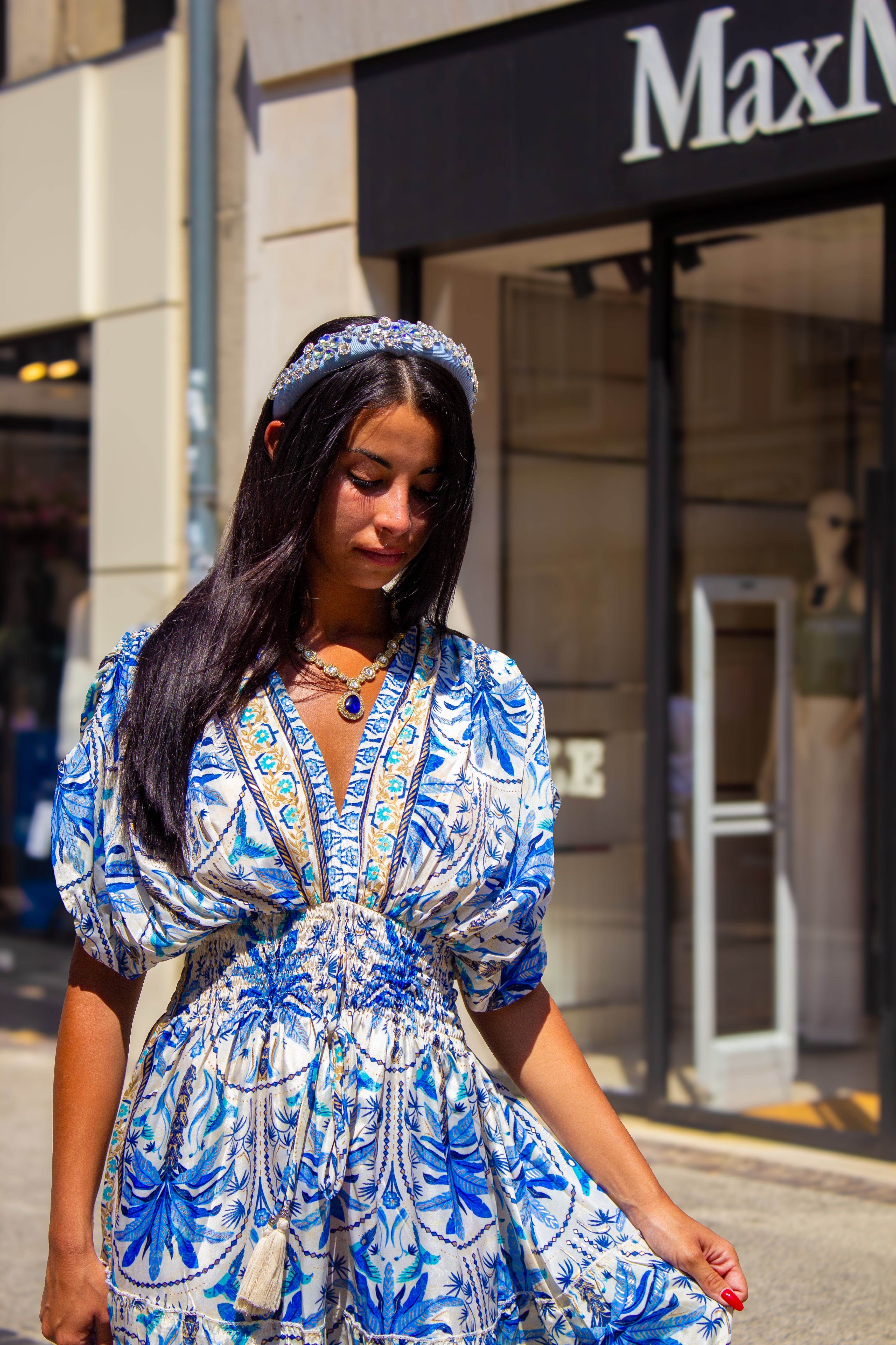 Blue Floral Silk Maxi Dress