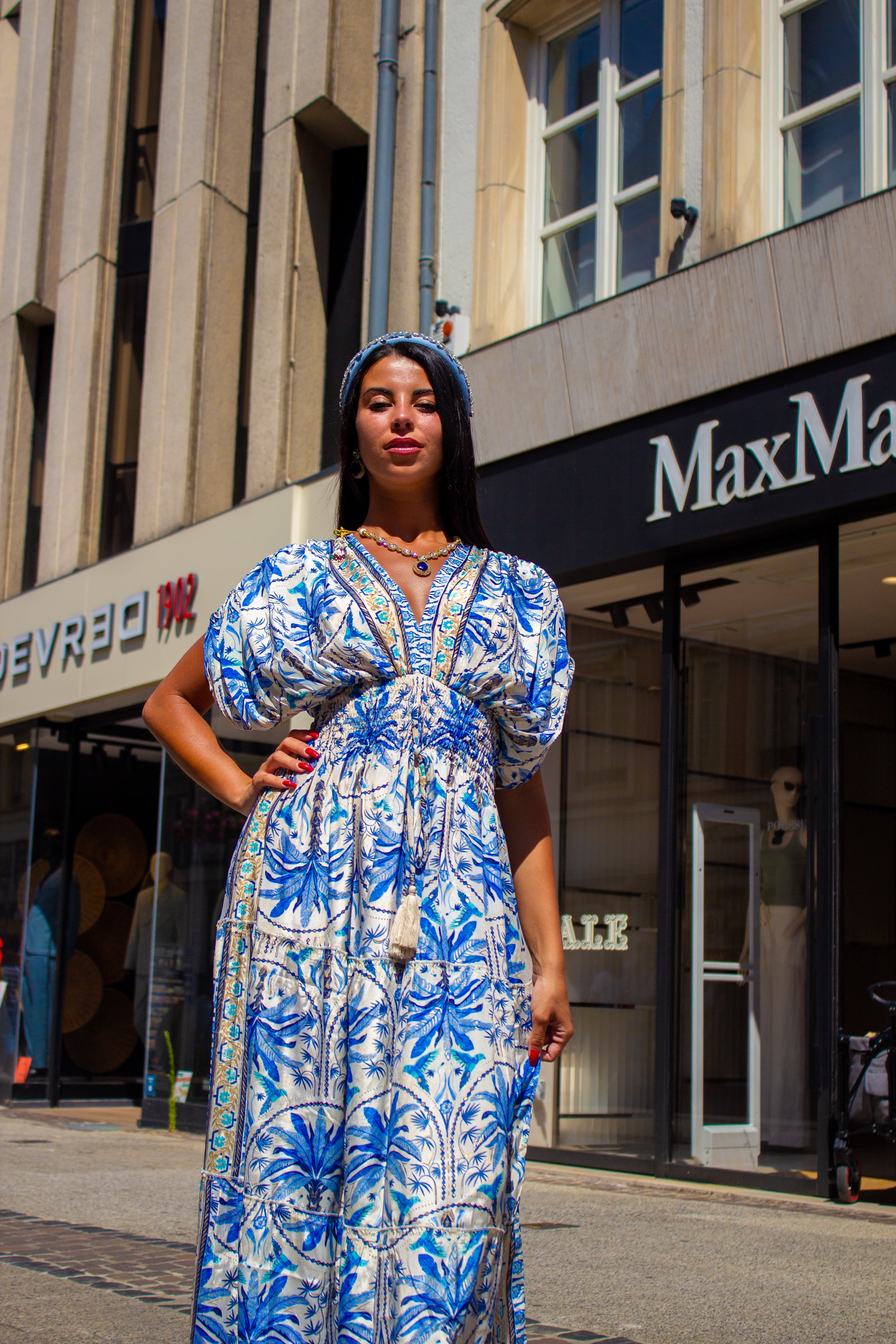 Blue Floral Silk Maxi Dress