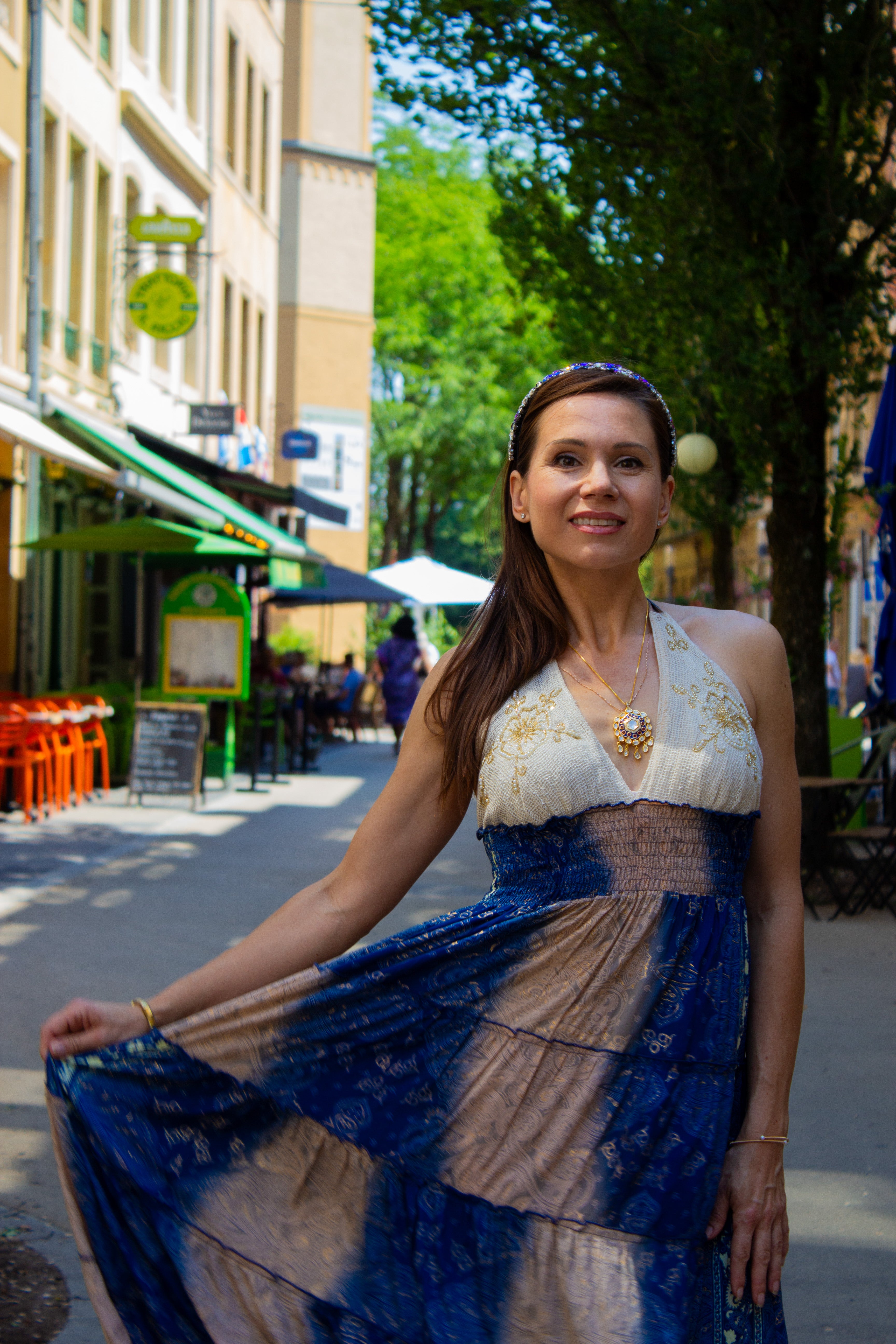 Blue Paisley Silk-Viscose Embellished Halter Dress