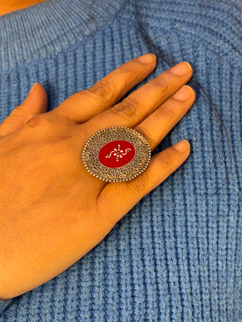 German Silver Ring Red