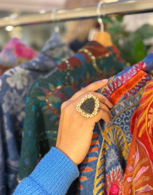 Stone and Small White Pearl Ring