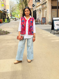 Velvet Suzani Embroidered Gillet - Red