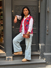 Velvet Suzani Embroidered Gillet - Red