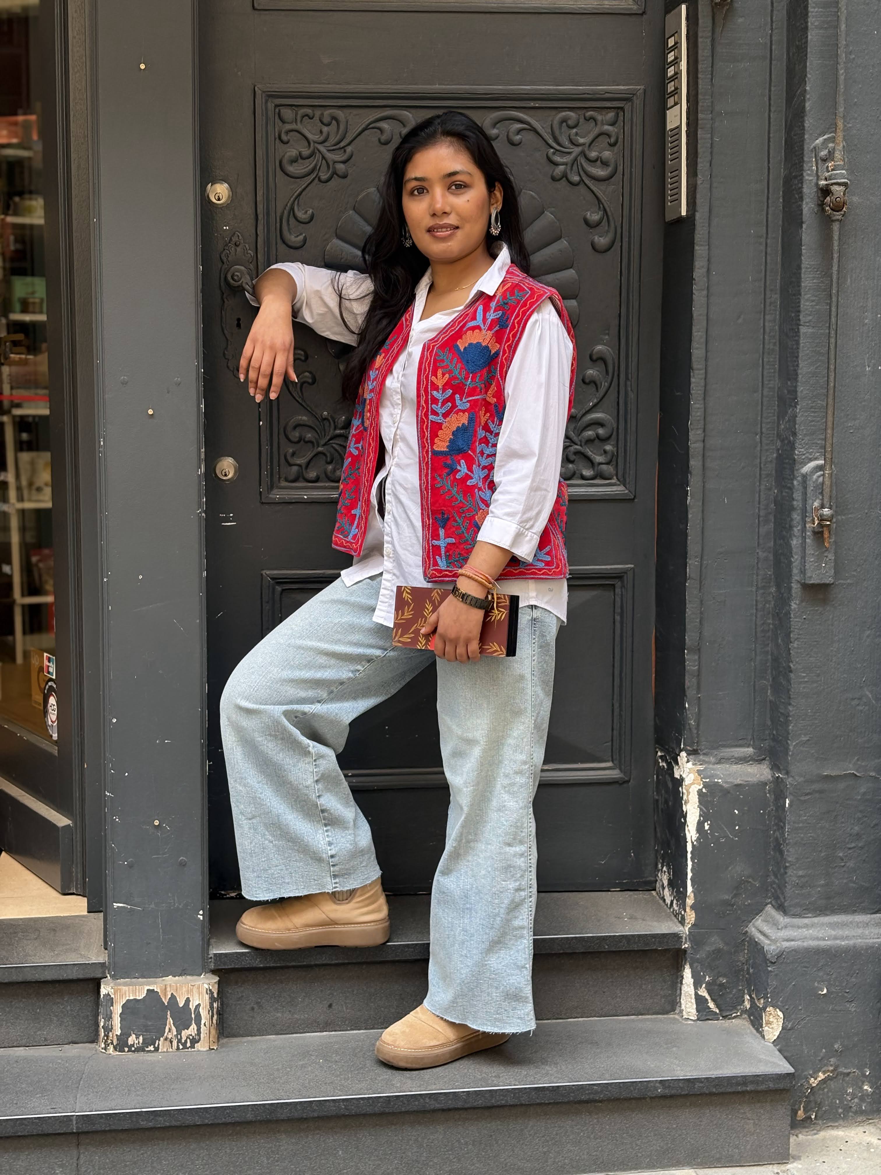 Velvet Suzani Embroidered Gillet - Red