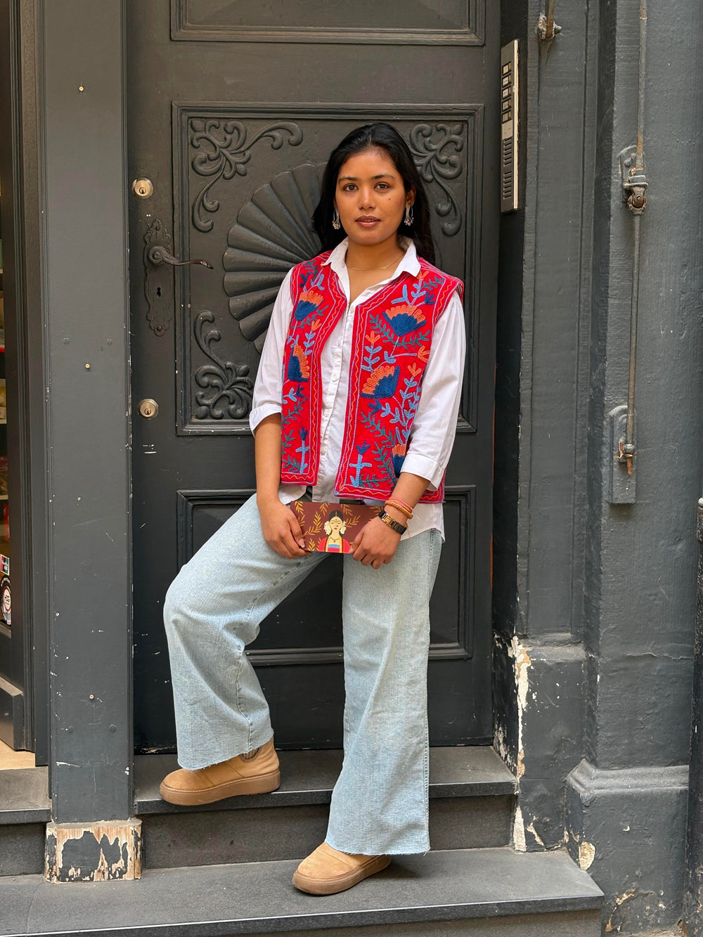 Velvet Suzani Embroidered Gillet - Red