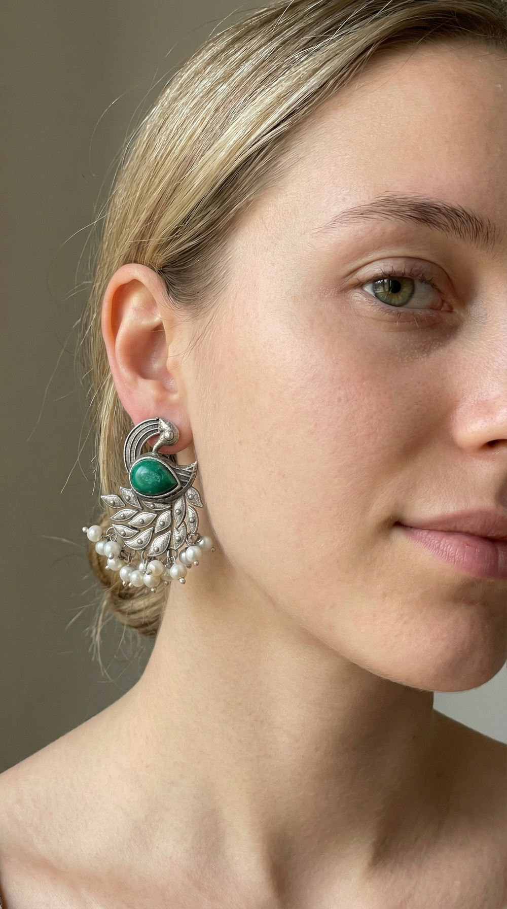 Peacock Motif Green Stone Earrings