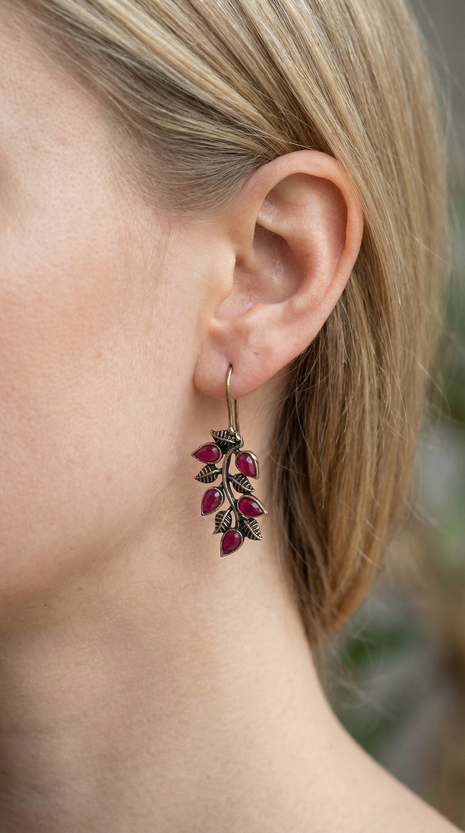 Burgundy stone leaf earrings