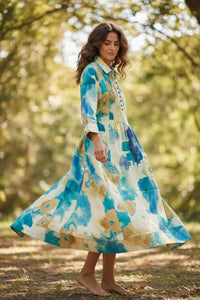 Model wearing a colorful Les Sûtras long cotton pintex  dress.